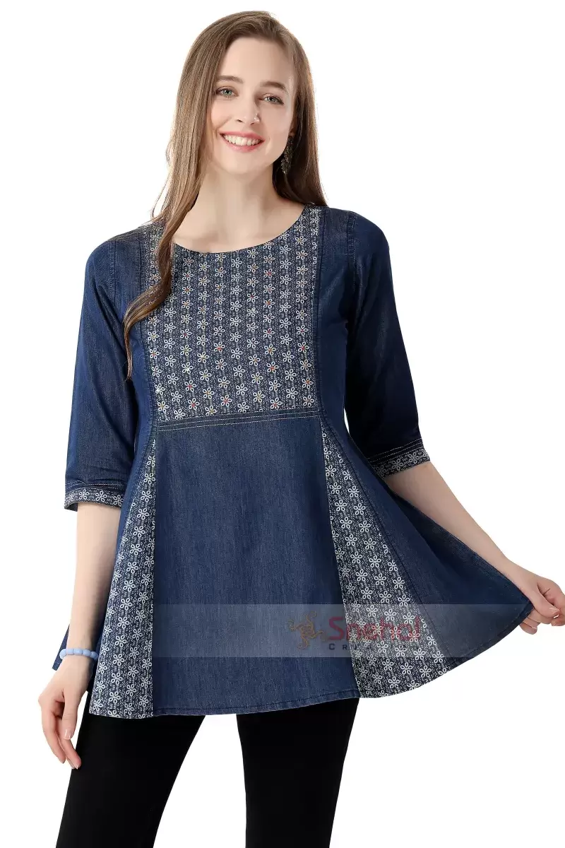 Designer Short Denim Top Chic Blue Denim Frock Tunic with Intricate Thread Work